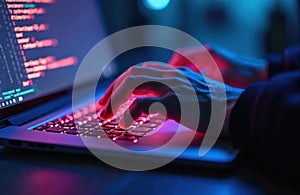 Hands typing code on laptop keyboard in dark room, cyber security concept. Programmer working on computer, coding, programming