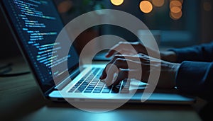 Hands typing code on laptop. Programmer working on software. Cyber security concept, data protection. Dark background, hacker,