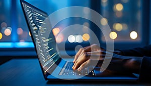 Hands typing code on laptop screen with city lights bokeh background computer coding