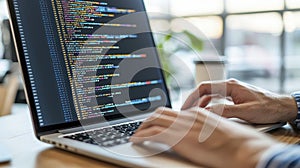 Hands Typing Code on Laptop Screen