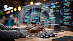 Hands Typing Code with Responsive Web Design Preview on Dual Monitors