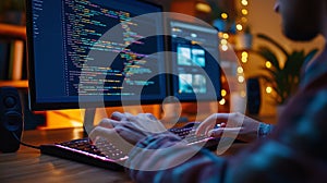 Hands Typing Code with Responsive Web Design Preview on Dual Monitors