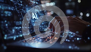 Hands Typing on a Computer with AI Interface in a Futuristic Setting