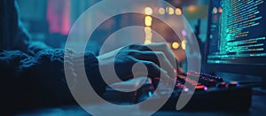 Hands typing on computer keyboard in coding workspace environment with visible coding symbols. Blurred background with c