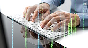 hands typing computer keyboard digital code technology