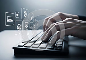 Hands typing on a computer keyboard with digital icons floating above, representing technology and data processing