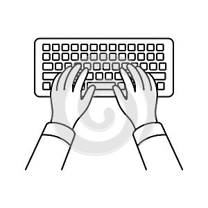 Hands typing on a computer keyboard from a top down perspective