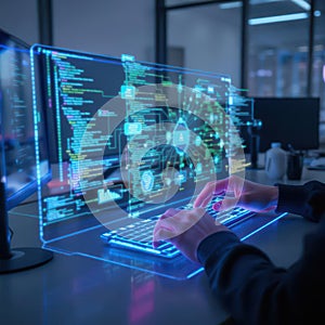 Hands typing on a futuristic transparent keyboard with glowing digital code and data visualization