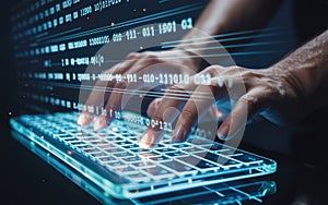 Hands typing on glowing keyboard with digital data stream and binary code
