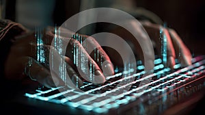 Hands Typing on Glowing Keyboard with Falling Digital Data