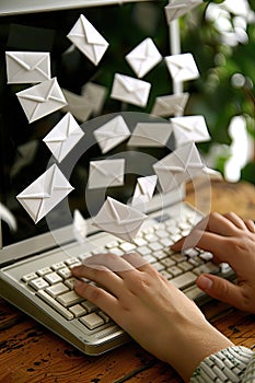 Hands typing on a keyboard with 3D email icons floating.