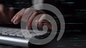 Hands typing on keyboard with abstract digital code and programming text, showcasing technology, computing, and coding