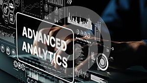 Hands Typing on Keyboard with Advanced Analytics Data Visualization and Graphs in Modern Digital Environment. Asymptotic