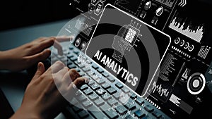 Hands Typing on Keyboard with AI Analytics Dashboard Displaying Data Visualization and Technology Interface. Asymptotic