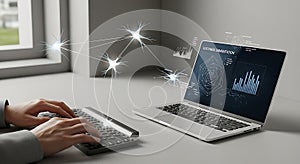 Hands typing on keyboard analyzing neural network data on laptop screen