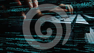Hands Typing on Keyboard with Code and Data Stream in Background, Computer Programming, Software Development, Technology