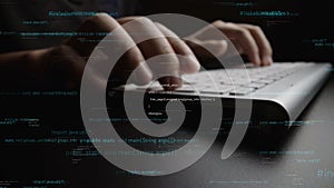 Hands Typing on a Keyboard with Code and Digital Elements in Background Representing Programming and Software