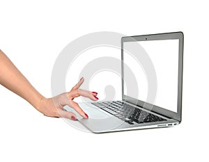 Hands typing on keyboard computer laptop with blank white space