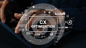 Hands Typing on Keyboard with CX Optimization Concept and Data Visualization Elements in a Modern Digital Environment