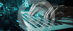 The Hands Typing on a Keyboard with Cybersecurity Graphics and Data Visualization AI generated image