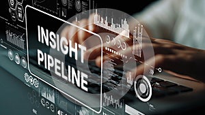 Hands Typing on Keyboard with Data Analytics Graphics and Insight Pipeline Concept for Business Intelligence and