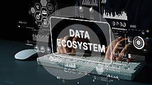 Hands Typing on Keyboard with Data Ecosystem Concept, Digital Graphics, and Data Analytics Visualization on Screen