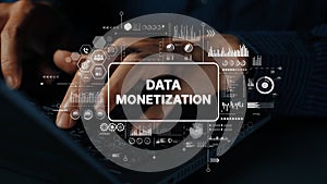 Hands Typing on Keyboard with Data Monetization Graphics and Analytics Visualization Concept. Asymptotic smart data