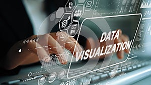 Hands Typing on Keyboard with Data Visualization Graphics and Digital Icons for Business and Technology Analysis