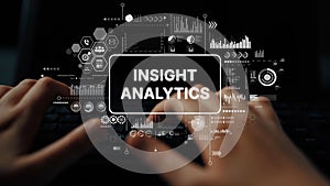 Hands Typing on Keyboard with Data Visualization and Insight Analytics Concept for Digital Analysis and Business
