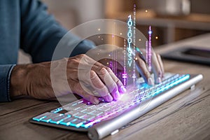 Hands typing on a keyboard with digital code overlay