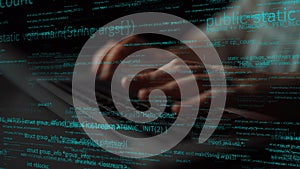 Hands Typing on Keyboard with Digital Code Overlay, Representing Programming, Technology, Software Development and