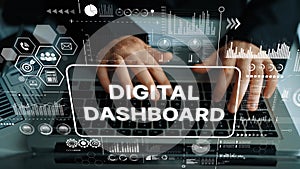 Hands Typing on Keyboard with Digital Dashboard Interface and Data Visualization Elements. Asymptotic smart data