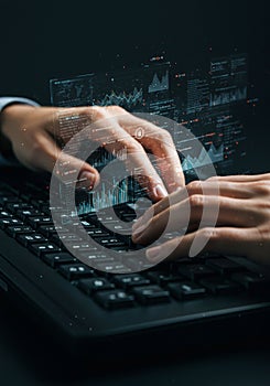 Hands typing on a keyboard with digital data overlays. The translucent graphics