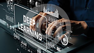 Hands Typing on Keyboard with Digital Interface Displaying Deep Learning Concepts and Data Analytics in Technology