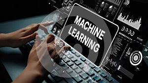 Hands Typing on Keyboard with Digital Interface Displaying Machine Learning Concepts and Data Analytics Visualization