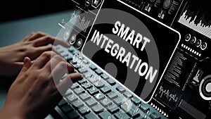 Hands Typing on Keyboard with Digital Interface Representing Smart Integration Technology Concept. Asymptotic smart data