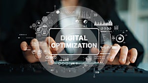 Hands Typing on Keyboard with Digital Optimization Concept and Data Analytics Graphics Overlay. Asymptotic smart data