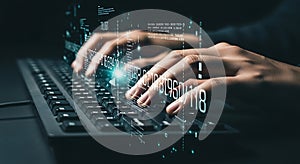 hands typing on a keyboard with digital overlay, representing coding, programming, cybersecurity, or data analysis in a modern set