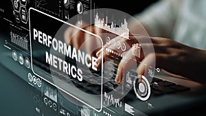 Hands Typing on Keyboard with Digital Performance Metrics and Data Visualization Displayed in Modern Office Setting