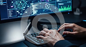 Hands typing on keyboard in front of futuristic digital data display screen white background