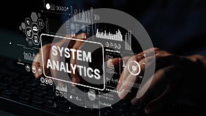 Hands Typing on Keyboard with Overlay of Data Analytics Graphics and System Metrics for Technology Analysis. Asymptotic