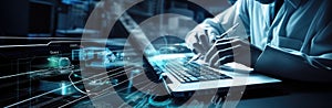 Hands typing on keyboard. Programming online database. Data processing center concept.