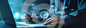 Hands typing on keyboard. Programming online database. Data processing center concept.