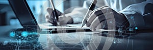 Hands typing on keyboard. Programming online database. Data processing center concept.