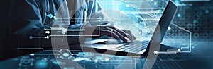 Hands typing on keyboard. Programming online database. Data processing center concept.