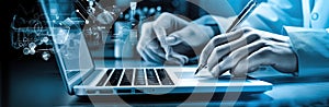 Hands typing on keyboard. Programming online database. Data processing center concept.
