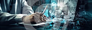 Hands typing on keyboard. Programming online database. Data processing center concept.