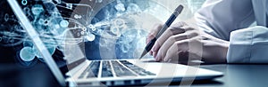 Hands typing on keyboard. Programming online database. Data processing center concept.