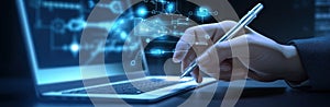 Hands typing on keyboard. Programming online database. Data processing center concept.