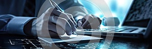 Hands typing on keyboard. Programming online database. Data processing center concept.